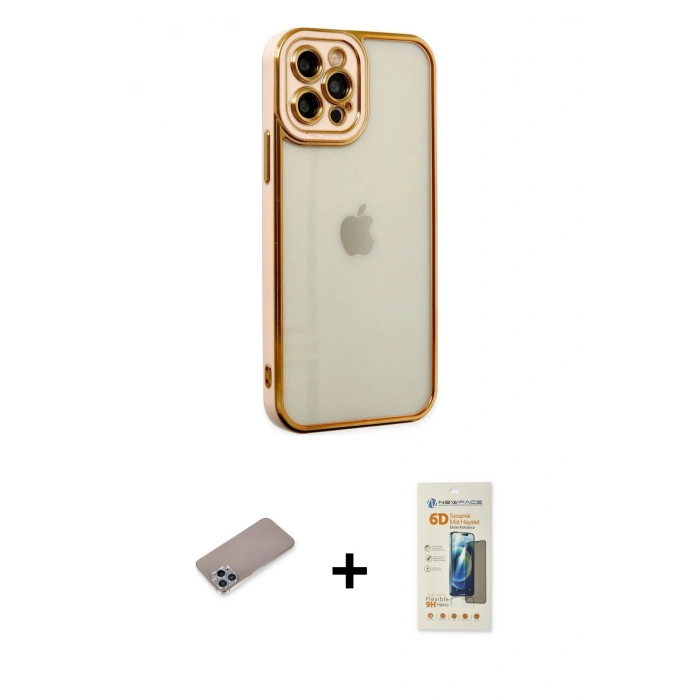 MARSİLYAN™- iPhone 12 Pro Max Kılıf Çekirdek Klasik Serisi - Siyah 6D Mat Seramik Hayalet Nano Ekran Koruyucu + Sierra Blue Shine Kamera Lens Koruma Cam