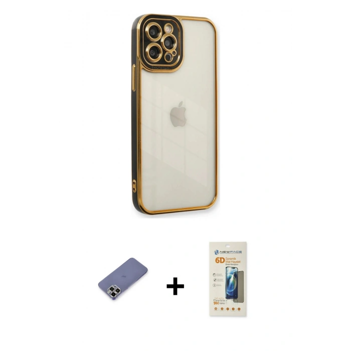MARSİLYAN™- iPhone 12 Pro Max Kılıf Çekirdek Klasik Serisi - Siyah 6D Mat Seramik Hayalet Nano Ekran Koruyucu + Metal Kamera Lens Koruma Cam - GD