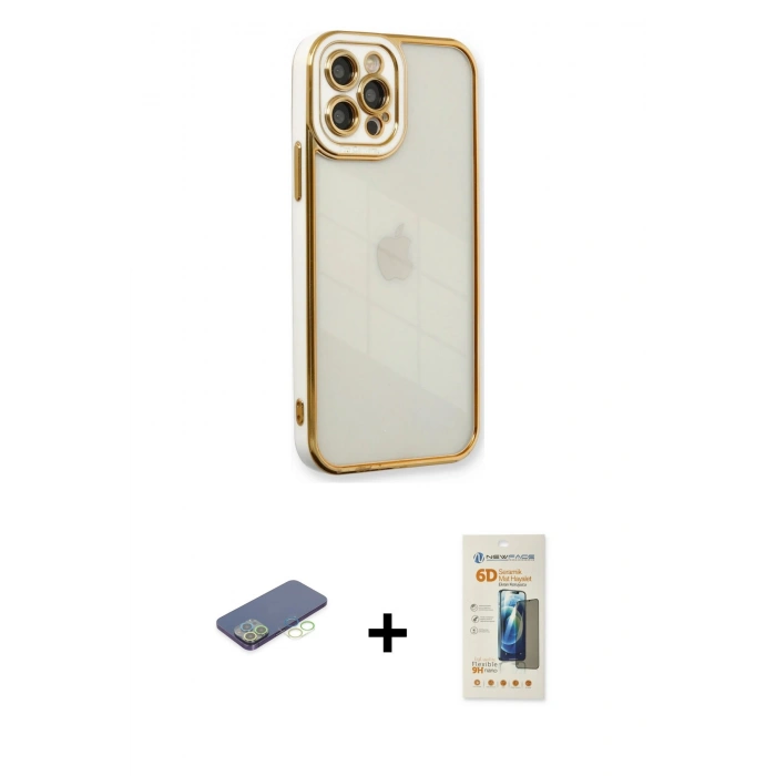 MARSİLYAN™- iPhone 12 Pro Max Kılıf Çekirdek Klasik Serisi - Siyah 6D Mat Seramik Hayalet Nano Ekran Koruyucu + Renkli Kamera Lens Koruma Cam - YL