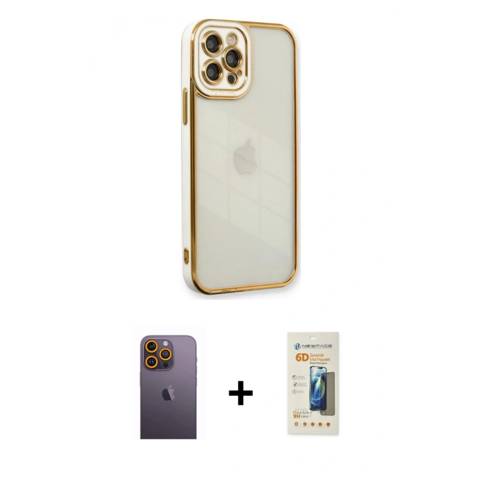 MARSİLYAN™- iPhone 12 Pro Max Kılıf Çekirdek Klasik Serisi - Siyah 6D Mat Seramik Hayalet Nano Ekran Koruyucu + Neon Fosforlu Kamera Lens - SI