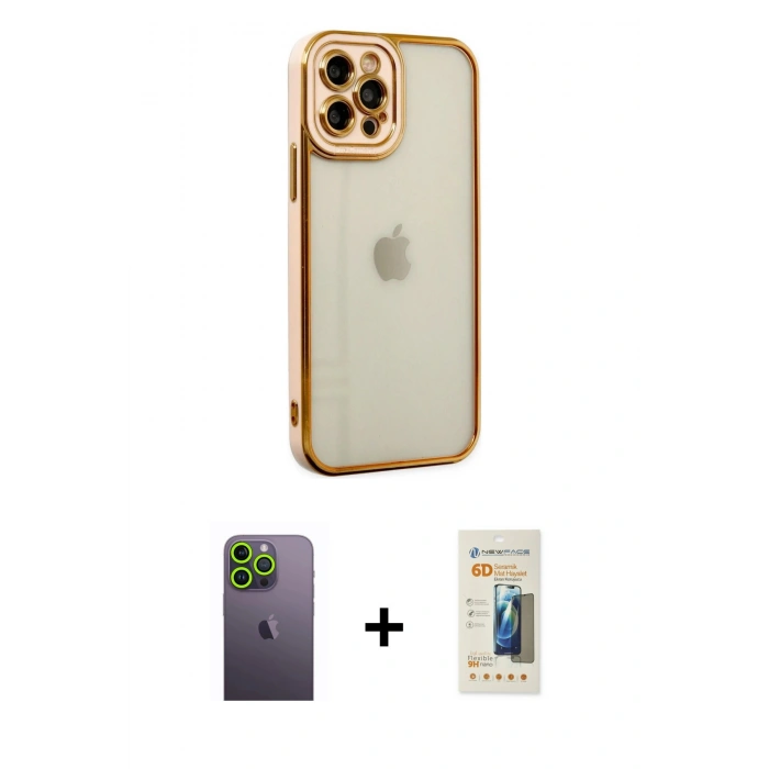 MARSİLYAN™- iPhone 12 Pro Max Kılıf Çekirdek Klasik Serisi - Siyah 6D Mat Seramik Hayalet Nano Ekran Koruyucu + Neon Fosforlu Kamera Lens - YL