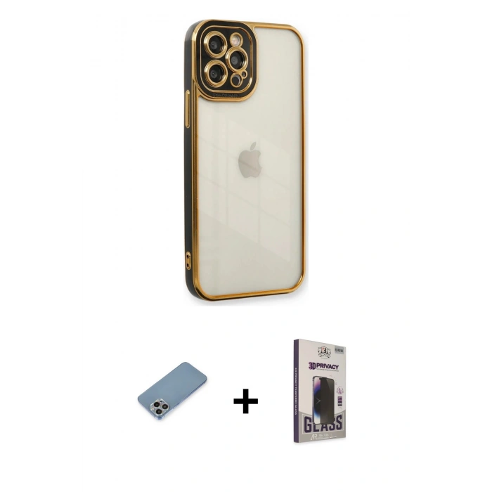 MARSİLYAN™- iPhone 12 Pro Max Kılıf Çekirdek Klasik Serisi - Siyah Bilvis Hayalet Cam Ekran Koruyucu + Shine Kamera Lens Koruma Cam - GI