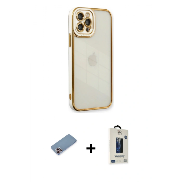 MARSİLYAN™- iPhone 12 Pro Max Kılıf Çekirdek Klasik Serisi - Siyah Bilvis Hayalet Cam Ekran Koruyucu + Shine Kamera Lens Koruma Cam - PE