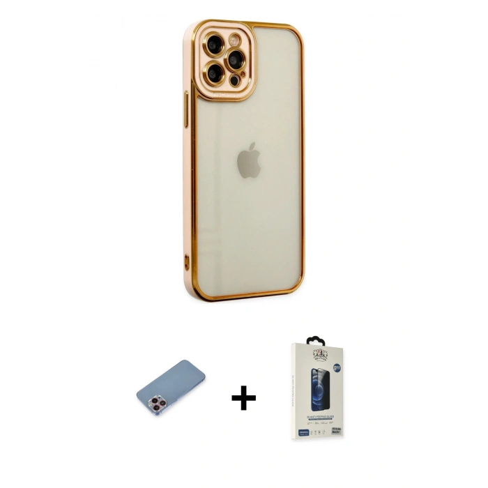 MARSİLYAN™- iPhone 12 Pro Max Kılıf Çekirdek Klasik Serisi - Siyah Bilvis Hayalet Cam Ekran Koruyucu + Shine Kamera Lens Koruma Cam - PE