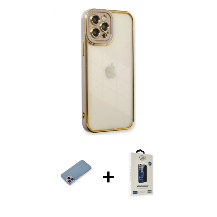MARSİLYAN™- iPhone 12 Pro Max Kılıf Çekirdek Klasik Serisi - Siyah Bilvis Hayalet Cam Ekran Koruyucu + Shine Kamera Lens Koruma Cam - PE