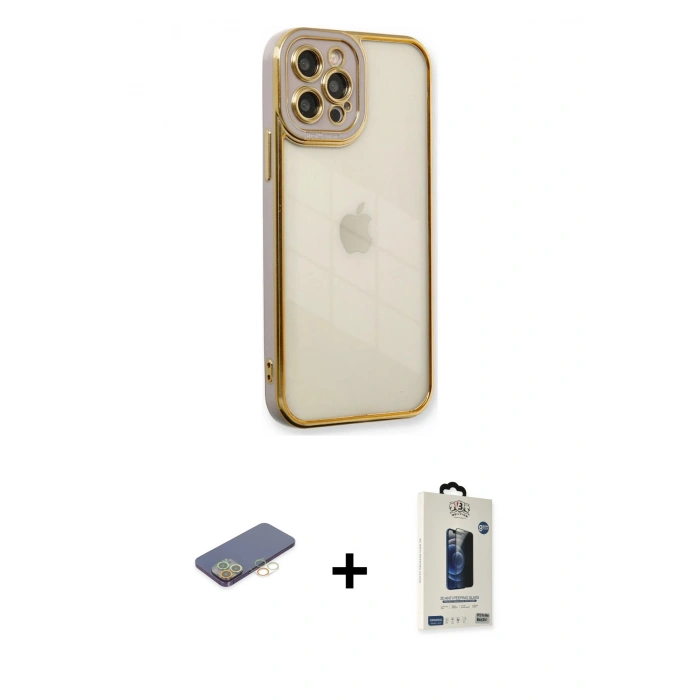 MARSİLYAN™- iPhone 12 Pro Max Kılıf Çekirdek Klasik Serisi - Siyah Bilvis Hayalet Cam Ekran Koruyucu + Renkli Kamera Lens Koruma Cam - SI