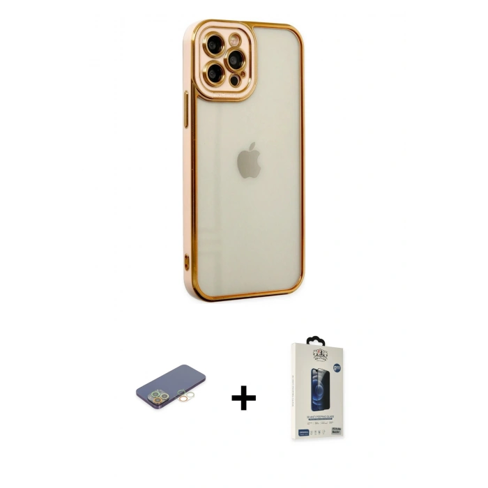MARSİLYAN™- iPhone 12 Pro Max Kılıf Çekirdek Klasik Serisi - Siyah Bilvis Hayalet Cam Ekran Koruyucu + Renkli Kamera Lens Koruma Cam - SI