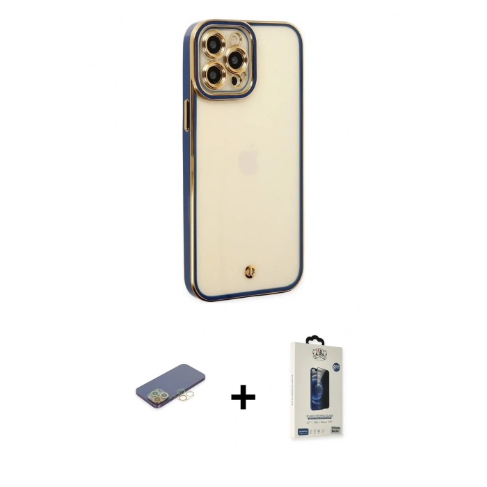 MARSİLYAN™- iPhone 12 Pro Max Kılıf Çekirdek Klasik Serisi - Siyah Bilvis Hayalet Cam Ekran Koruyucu + Renkli Kamera Lens Koruma Cam - SI