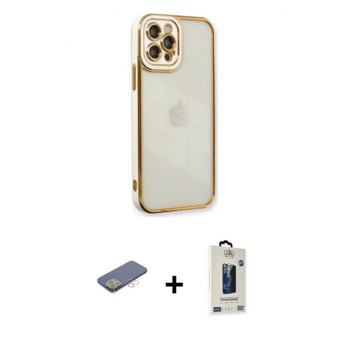 MARSİLYAN™- iPhone 12 Pro Max Kılıf Çekirdek Klasik Serisi - Siyah Bilvis Hayalet Cam Ekran Koruyucu + Renkli Kamera Lens Koruma Cam - SI