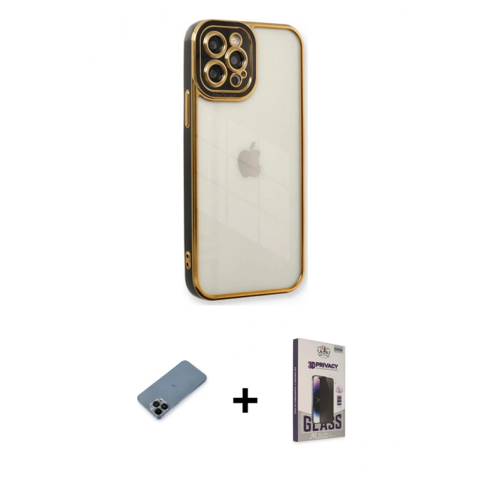 MARSİLYAN™- iPhone 12 Pro Max Kılıf Çekirdek Klasik Serisi - Siyah Bilvis Hayalet Cam Ekran Koruyucu + Shine Kamera Lens Koruma Cam - SH