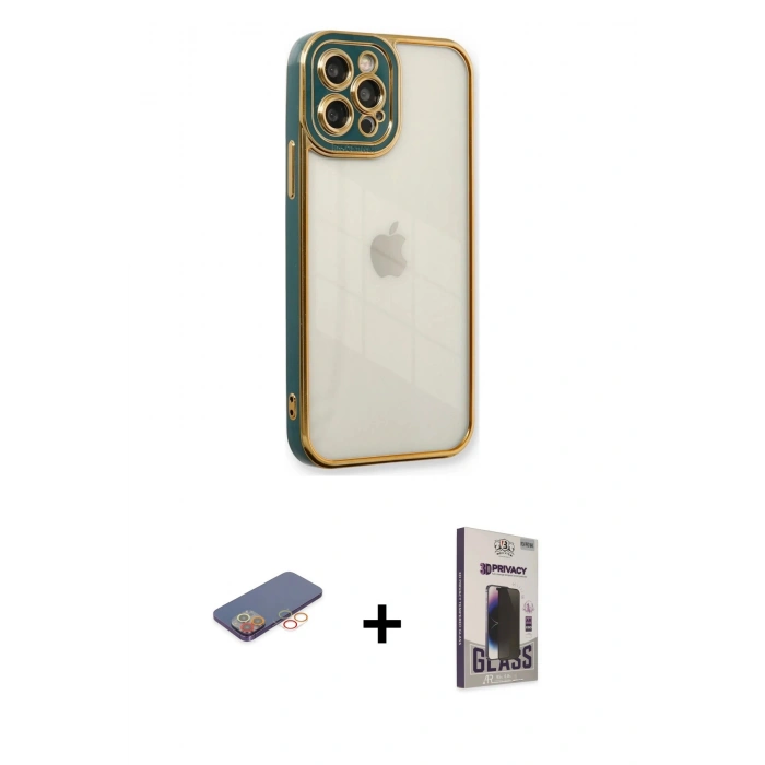 MARSİLYAN™- iPhone 12 Pro Max Kılıf Çekirdek Klasik Serisi - Siyah Bilvis Hayalet Cam Ekran Koruyucu + Renkli Kamera Lens Koruma Cam - TU