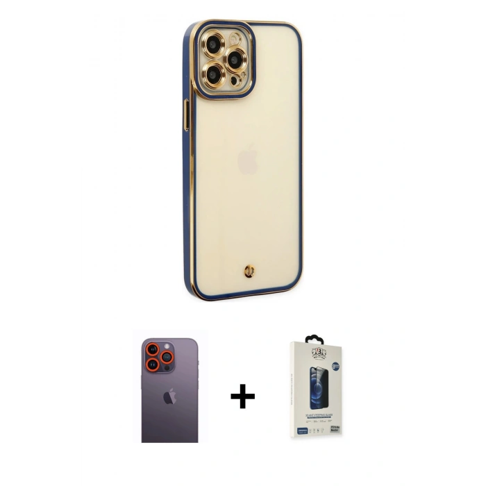 MARSİLYAN™- iPhone 12 Pro Max Kılıf Çekirdek Klasik Serisi - Siyah Bilvis Hayalet Cam Ekran Koruyucu + Neon Fosforlu Kamera Lens - TU