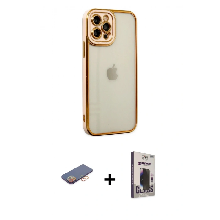 MARSİLYAN™- iPhone 12 Pro Max Kılıf Çekirdek Klasik Serisi - Siyah Bilvis Hayalet Cam Ekran Koruyucu + Renkli Kamera Lens Koruma Cam - TU