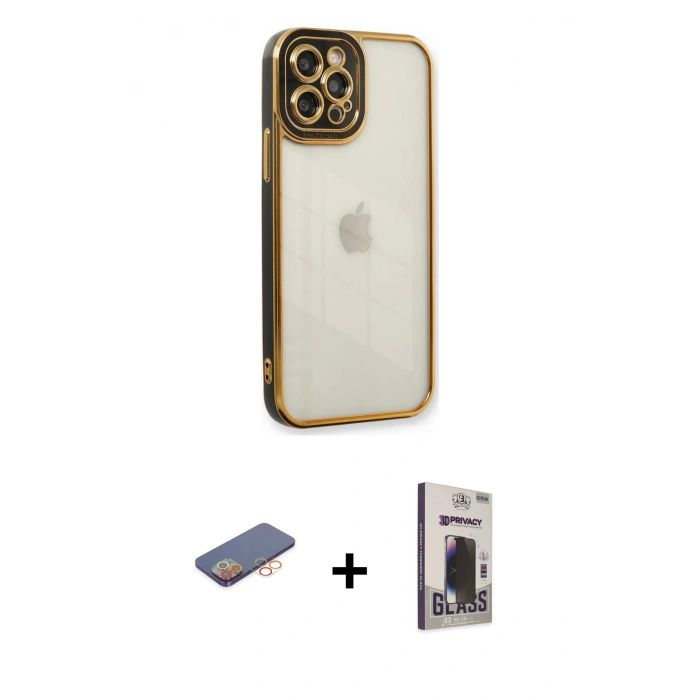 MARSİLYAN™- iPhone 12 Pro Max Kılıf Çekirdek Klasik Serisi - Siyah Bilvis Hayalet Cam Ekran Koruyucu + Renkli Kamera Lens Koruma Cam - TU