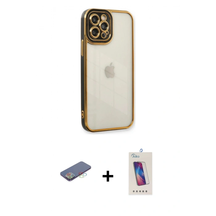 MARSİLYAN™- iPhone 12 Pro Max Kılıf Çekirdek Klasik Serisi - Siyah Joko 5D Cam + Renkli Kamera Lens Koruma Cam - MI