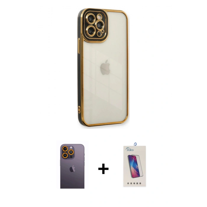 MARSİLYAN™- iPhone 12 Pro Max Kılıf Çekirdek Klasik Serisi - Siyah Joko 5D Cam + Neon Fosforlu Kamera Lens - SI