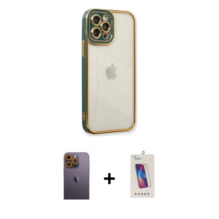 MARSİLYAN™- iPhone 12 Pro Max Kılıf Çekirdek Klasik Serisi - Siyah Joko 5D Cam + Neon Fosforlu Kamera Lens - SI