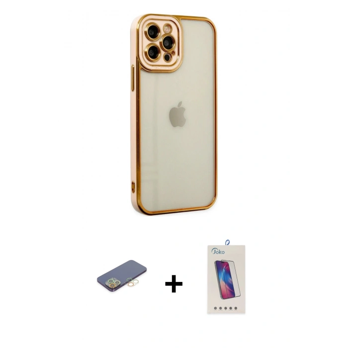 MARSİLYAN™- iPhone 12 Pro Max Kılıf Çekirdek Klasik Serisi - Siyah Joko 5D Cam + Renkli Kamera Lens Koruma Cam - SI