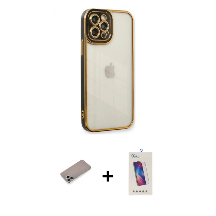 MARSİLYAN™- iPhone 12 Pro Max Kılıf Çekirdek Klasik Serisi - Siyah Joko 5D Cam + Shine Kamera Lens Koruma Cam - SABE