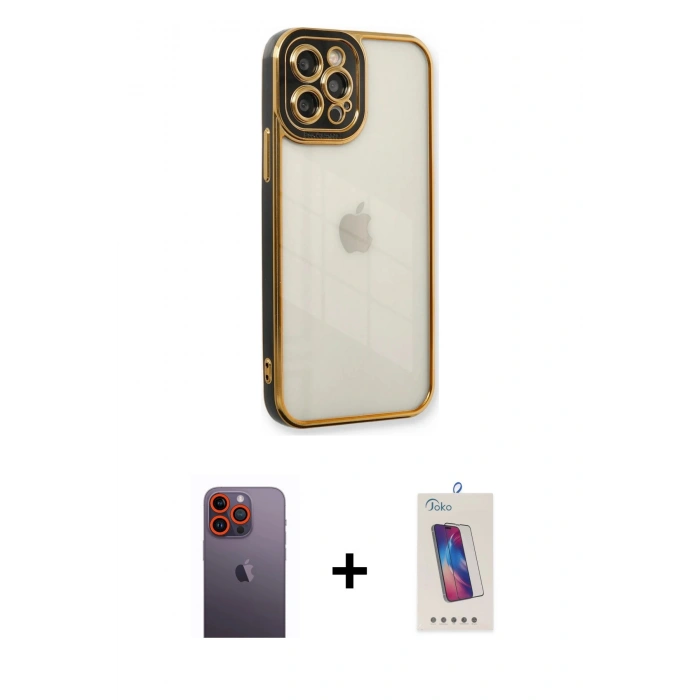 MARSİLYAN™- iPhone 12 Pro Max Kılıf Çekirdek Klasik Serisi - Siyah Joko 5D Cam + Neon Fosforlu Kamera Lens - TU