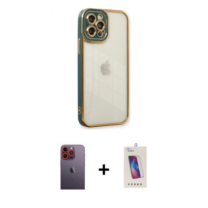 MARSİLYAN™- iPhone 12 Pro Max Kılıf Çekirdek Klasik Serisi - Siyah Joko 5D Cam + Neon Fosforlu Kamera Lens - TU