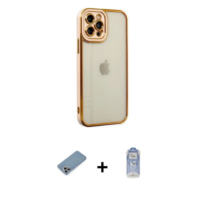 MARSİLYAN™- iPhone 12 Pro Max Kılıf Çekirdek Klasik Serisi - Siyah Joko Magic 5D Cam + Gökkuşağı Shine Kamera Lens Koruma Cam