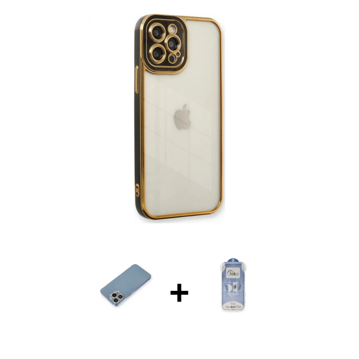 MARSİLYAN™- iPhone 12 Pro Max Kılıf Çekirdek Klasik Serisi - Siyah Joko Magic 5D Cam + Gökkuşağı Shine Kamera Lens Koruma Cam