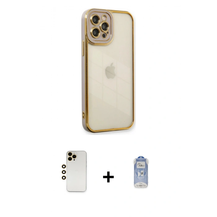 MARSİLYAN™- iPhone 12 Pro Max Kılıf Çekirdek Klasik Serisi - Siyah Joko Magic 5D Cam + Gold Shine Kamera Lens