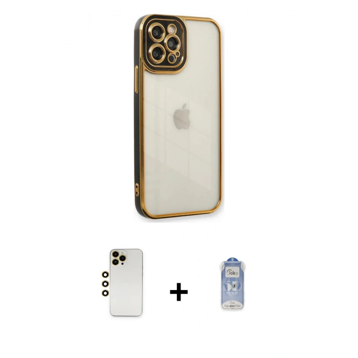 MARSİLYAN™- iPhone 12 Pro Max Kılıf Çekirdek Klasik Serisi - Siyah Joko Magic 5D Cam + Gold Shine Kamera Lens