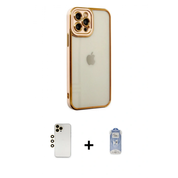 MARSİLYAN™- iPhone 12 Pro Max Kılıf Çekirdek Klasik Serisi - Siyah Joko Magic 5D Cam + Gold Shine Kamera Lens