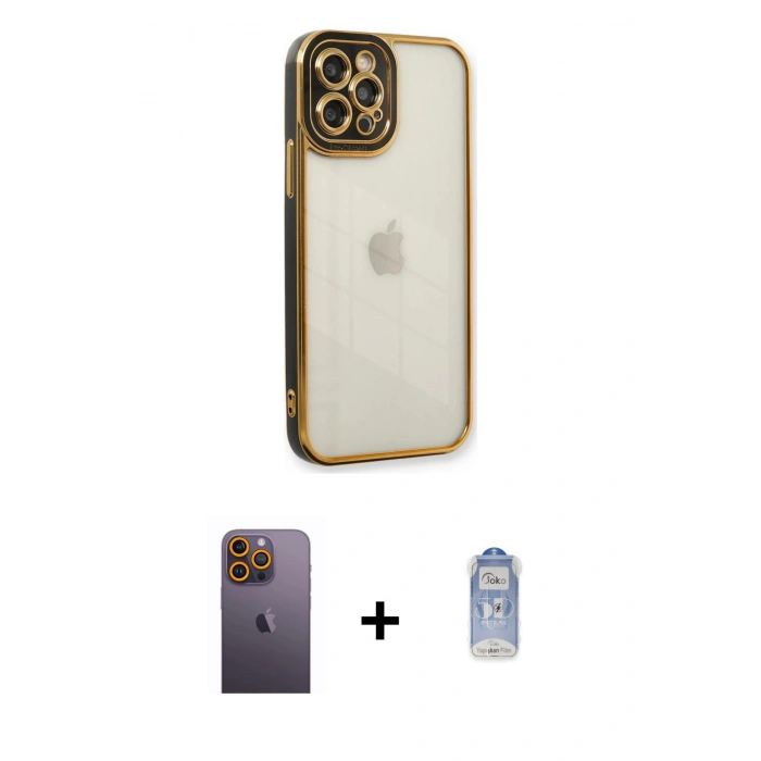 MARSİLYAN™- iPhone 12 Pro Max Kılıf Çekirdek Klasik Serisi - Siyah Joko Magic 5D Cam + Neon Fosforlu Kamera Lens - SI