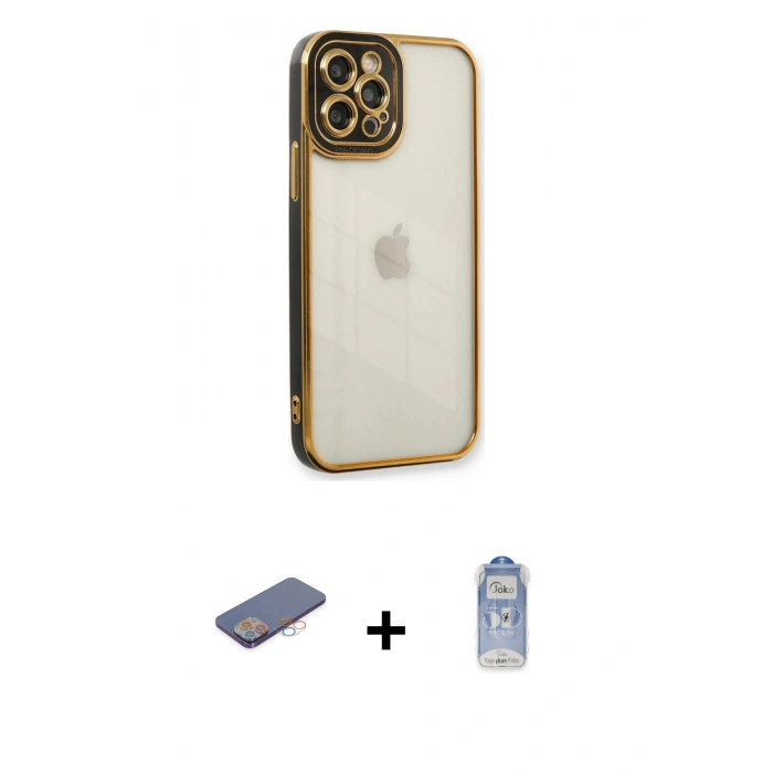 MARSİLYAN™- iPhone 12 Pro Max Kılıf Çekirdek Klasik Serisi - Siyah Joko Magic 5D Cam + Renkli Kamera Lens Koruma Cam - PE