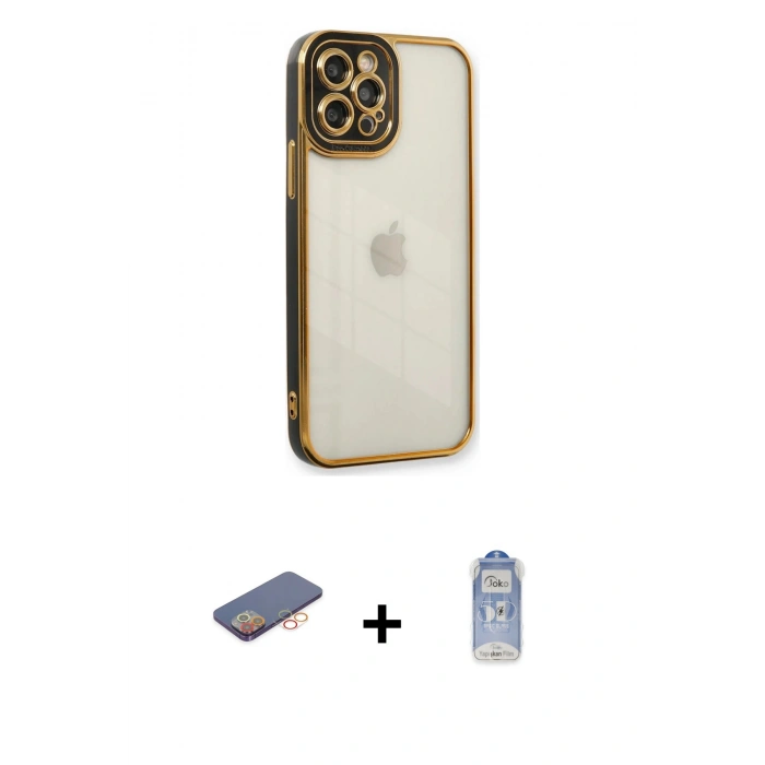 MARSİLYAN™- iPhone 12 Pro Max Kılıf Çekirdek Klasik Serisi - Siyah Joko Magic 5D Cam + Renkli Kamera Lens Koruma Cam - TU