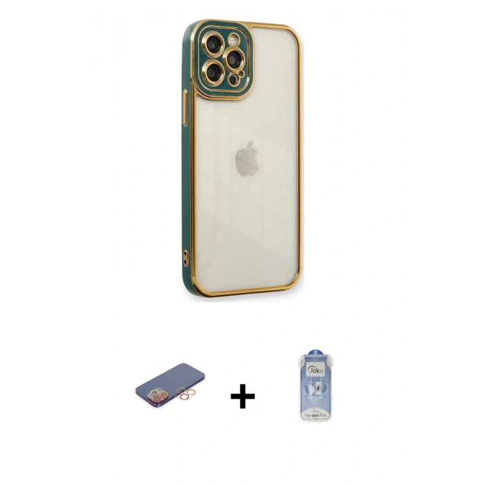 MARSİLYAN™- iPhone 12 Pro Max Kılıf Çekirdek Klasik Serisi - Siyah Joko Magic 5D Cam + Renkli Kamera Lens Koruma Cam - TU