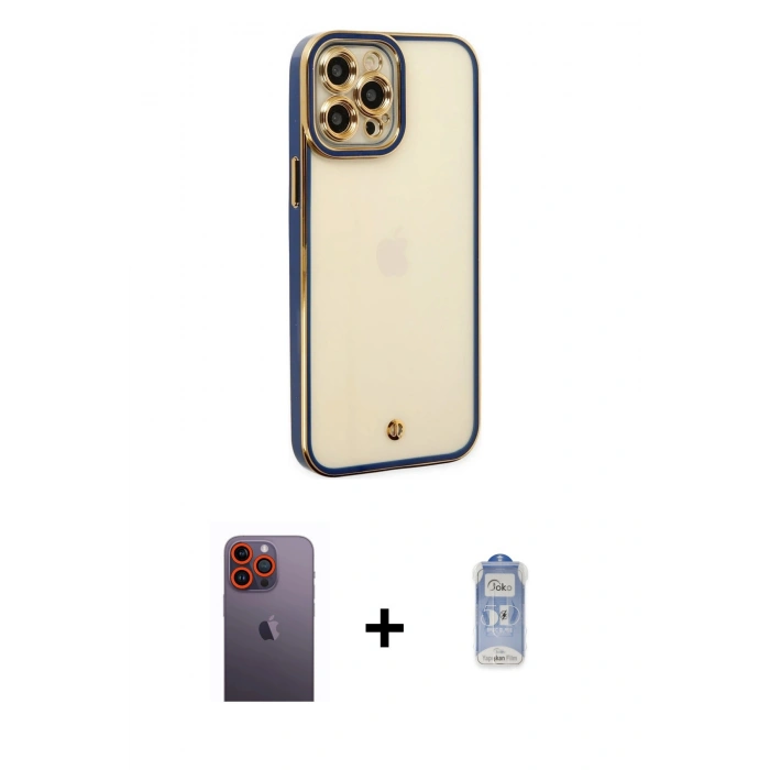 MARSİLYAN™- iPhone 12 Pro Max Kılıf Çekirdek Klasik Serisi - Siyah Joko Magic 5D Cam + Turuncu Neon Fosforlu Kamera Lens