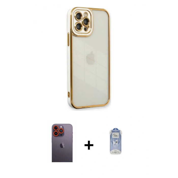 MARSİLYAN™- iPhone 12 Pro Max Kılıf Çekirdek Klasik Serisi - Siyah Joko Magic 5D Cam + Turuncu Neon Fosforlu Kamera Lens