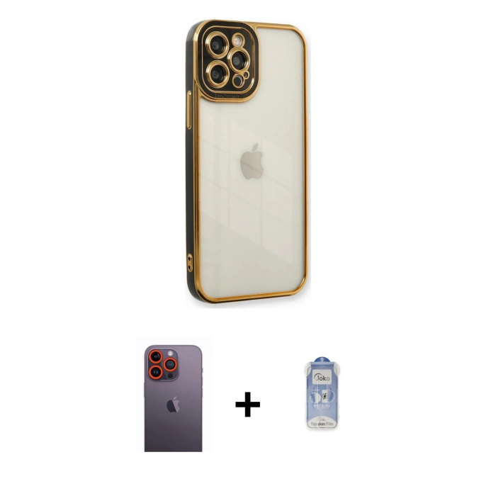MARSİLYAN™- iPhone 12 Pro Max Kılıf Çekirdek Klasik Serisi - Siyah Joko Magic 5D Cam + Turuncu Neon Fosforlu Kamera Lens
