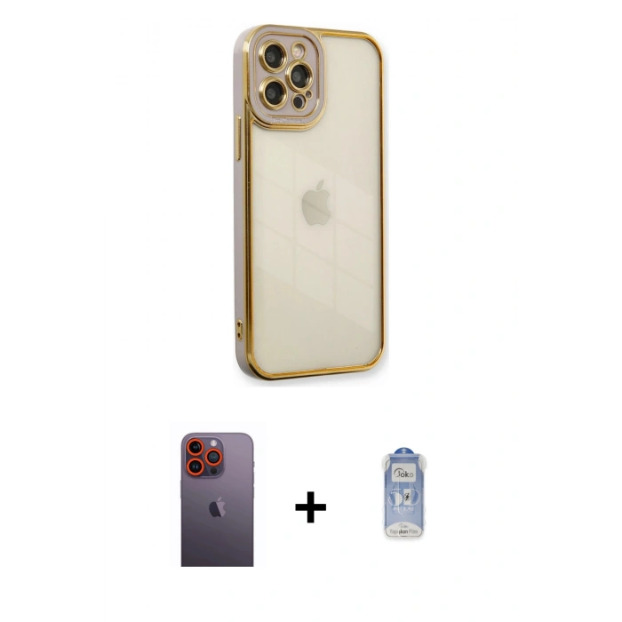 MARSİLYAN™- iPhone 12 Pro Max Kılıf Çekirdek Klasik Serisi - Siyah Joko Magic 5D Cam + Turuncu Neon Fosforlu Kamera Lens