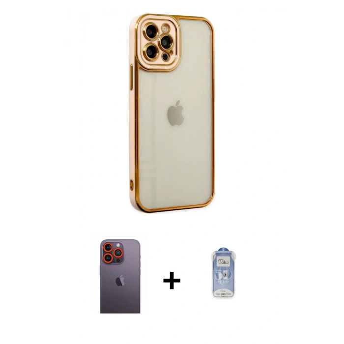 MARSİLYAN™- iPhone 12 Pro Max Kılıf Çekirdek Klasik Serisi - Siyah Joko Magic 5D Cam + Turuncu Neon Fosforlu Kamera Lens
