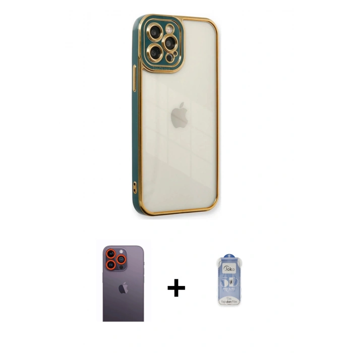 MARSİLYAN™- iPhone 12 Pro Max Kılıf Çekirdek Klasik Serisi - Siyah Joko Magic 5D Cam + Turuncu Neon Fosforlu Kamera Lens