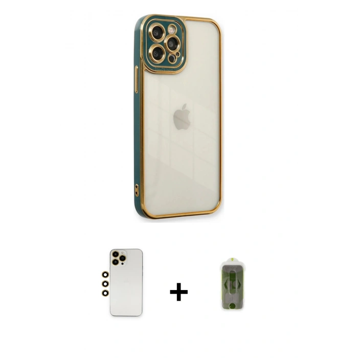 MARSİLYAN™- iPhone 12 Pro Max Kılıf Çekirdek Klasik Serisi - Siyah Joko Magic 5D Hayalet Cam + Gold Shine Kamera Lens