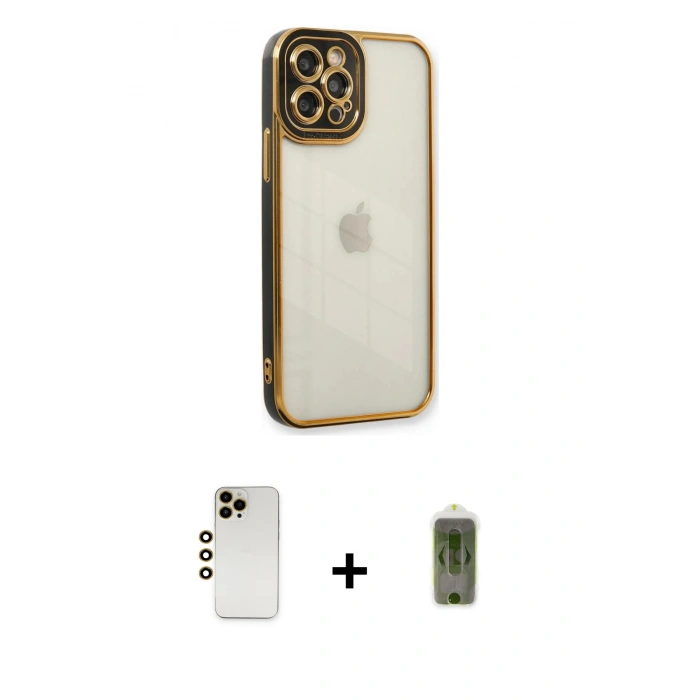 MARSİLYAN™- iPhone 12 Pro Max Kılıf Çekirdek Klasik Serisi - Siyah Joko Magic 5D Hayalet Cam + Gold Shine Kamera Lens