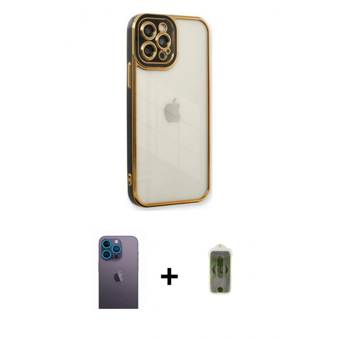MARSİLYAN™- iPhone 12 Pro Max Kılıf Çekirdek Klasik Serisi - Siyah Joko Magic 5D Hayalet Cam + Mavi Neon Fosforlu Kamera Lens