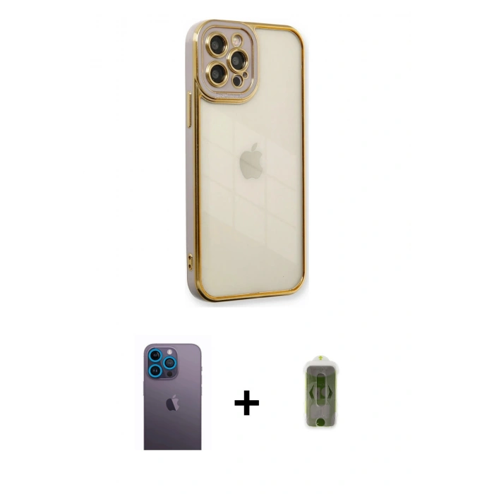 MARSİLYAN™- iPhone 12 Pro Max Kılıf Çekirdek Klasik Serisi - Siyah Joko Magic 5D Hayalet Cam + Mavi Neon Fosforlu Kamera Lens