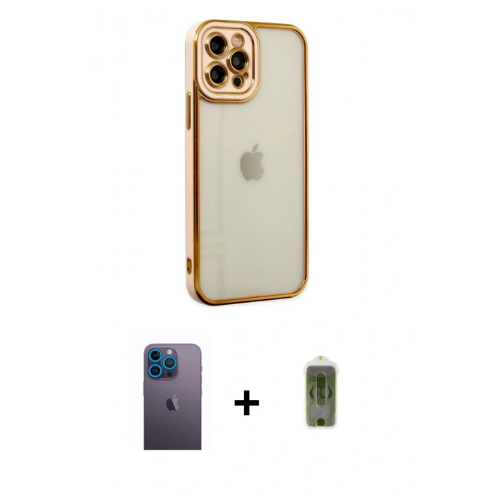 MARSİLYAN™- iPhone 12 Pro Max Kılıf Çekirdek Klasik Serisi - Siyah Joko Magic 5D Hayalet Cam + Mavi Neon Fosforlu Kamera Lens