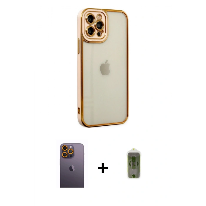 MARSİLYAN™- iPhone 12 Pro Max Kılıf Çekirdek Klasik Serisi - Siyah Joko Magic 5D Hayalet Cam + Neon Fosforlu Kamera Lens - SI