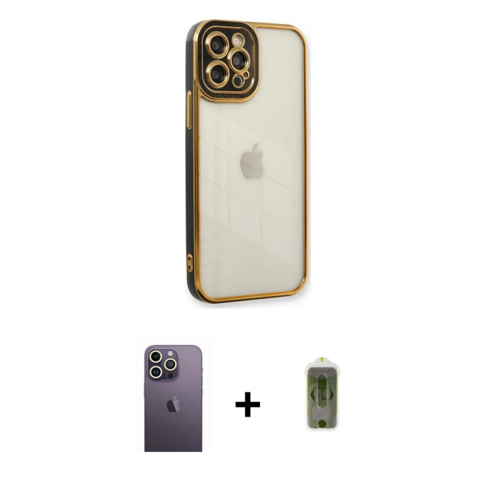 MARSİLYAN™- iPhone 12 Pro Max Kılıf Çekirdek Klasik Serisi - Siyah Joko Magic 5D Hayalet Cam + Neon Fosforlu Kamera Lens - BZ