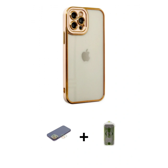 MARSİLYAN™- iPhone 12 Pro Max Kılıf Çekirdek Klasik Serisi - Siyah Joko Magic 5D Hayalet Cam + Sarı Renkli Kamera Lens Koruma Cam