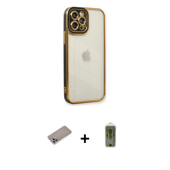 MARSİLYAN™- iPhone 12 Pro Max Kılıf Çekirdek Klasik Serisi - Siyah Joko Magic 5D Hayalet Cam + Sierra Blue Shine Kamera Lens Koruma Cam