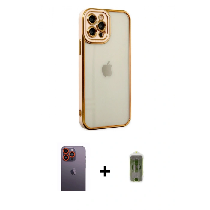 MARSİLYAN™- iPhone 12 Pro Max Kılıf Çekirdek Klasik Serisi - Siyah Joko Magic 5D Hayalet Cam + Turuncu Neon Fosforlu Kamera Lens